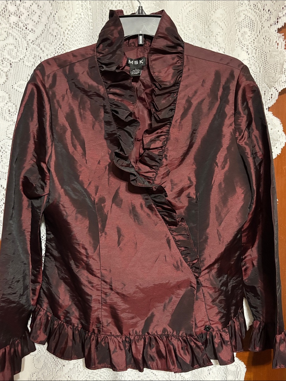 MSK Women's long sleeved Burgundy Ruffled & shiny satiny Blouse Size L
